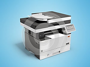 3D illustration of universal compact printer scanner on blue background with shadow