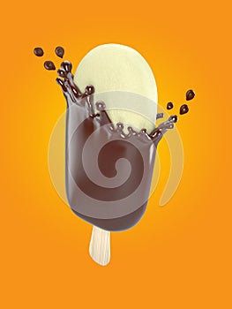 3D illustration of Vanilla ice cream bar with chocolate and splash, work path or clipping path included