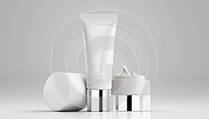 3d illustration of various blank cosmetic container mock-ups, isolated on white background , Generative AI