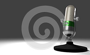 3d illustration Vintage Metal Microphone with green ring standing on a white desk