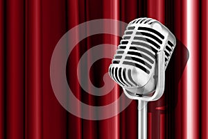 3D illustration Vintage Microphone and Theater stage with red curtain style