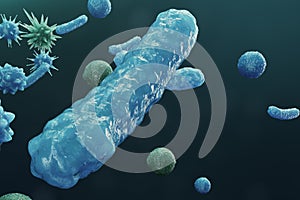 3D illustration Virus backgorund. Viruses influenza, hepatitis, AIDS, E. coli, colon bacillus. Concept of science and