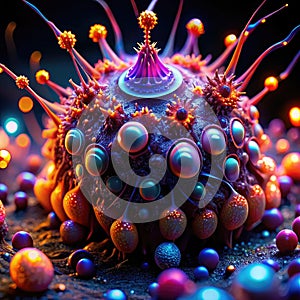 3D Illustration of a Virus or Bacteria with Microscope