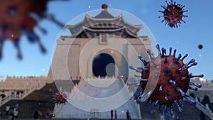 3D illustration. Virus Covid 19 on memorial hall Taipei city. Taiwan coronavirus