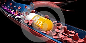 3d Illustration of Vitamin B12 Capsule dissolves in the vien