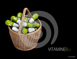 3d Illustration of Vitamin B12 capsules in the basket. Dietary supplements. isolated black