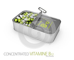 3d Illustration of vitamins b12, pills in the tincan