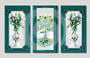 3d illustration for wall frame decor . 3 pieces white vase with flowers and peacock and classic frame