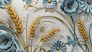 3D illustration of a wall mural. Refined and elegant floral details with a harmonious blend of classic and modern elements