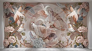 3D illustration of a wall mural. Refined and elegant floral details with a harmonious blend of classic and modern elements