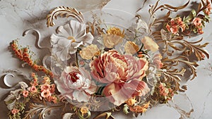 3D illustration of a wall mural. Refined and elegant floral details with a harmonious blend of classic and modern elements