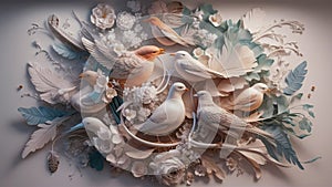 3D illustration of a wall mural. Refined and elegant floral details with a harmonious blend of classic and modern elements