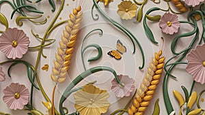 3D illustration of a wall mural. Refined and elegant floral details with a harmonious blend of classic and modern elements