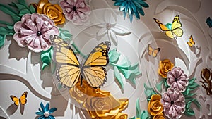 3D illustration of a wall mural. Refined and elegant floral details with a harmonious blend of classic and modern elements