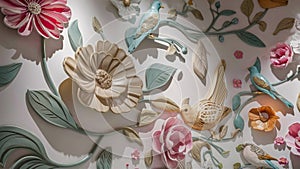 3D illustration of a wall mural. Refined and elegant floral details with a harmonious blend of classic and modern elements