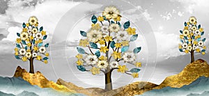 3d illustration wallpaper landscape art. brown trees with golden flowers  and turquoise mountains in light gray background with wh