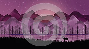 3d illustration wallpaper night snowy landscape. purple mountains and sun with clouds. black herps, tree and deer and stars