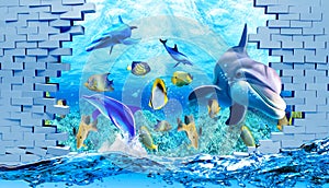 3d illustration wallpaper under sea dolphin, Fish, Tortoise, Coral reef sand water with broken wall bricks background.