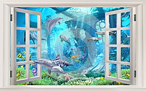3d illustration wallpaper under sea dolphin, Fish, Tortoise, Coral reef sand water with broken wall bricks background. will visual