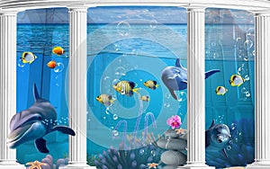 3d illustration wallpaper under sea dolphin, Fish, Tortoise, Coral reef sand water with white columns  background. will visually e