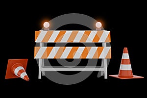 3D illustration. Warning sign under construction. Road repair on black background. or at night, dark
