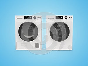 3d illustration washing machine machine and clothes dryer front view on blue background with shadow