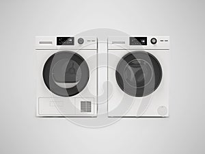 3d illustration washing machine machine and clothes dryer front view on gray background with shadow