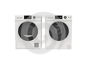 3d illustration washing machine machine and clothes dryer front view on white background no shadow