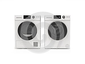 3d illustration washing machine machine and clothes dryer front view on white background with shadow