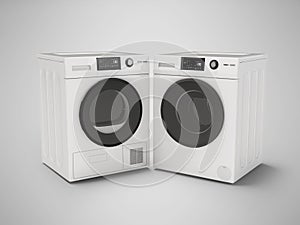 3d illustration of washing machine with straight drum and clothes dryer front view on gray background with shadow