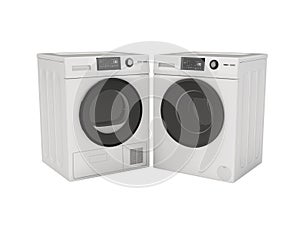 3d illustration of washing machine with straight drum and clothes dryer front view on white background no shadow