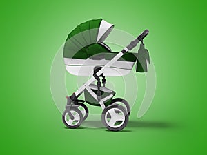 3d illustration of white baby carriage cradle for autumn walks with inserts on green background with shadow