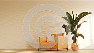 3d illustration of white iving room with orange armchair