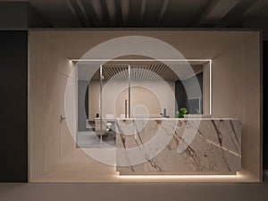 3d Illustration White stone reception desk in office interior