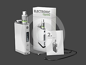 3d Illustration of White Vape Pen with box and charge cable. isolated black