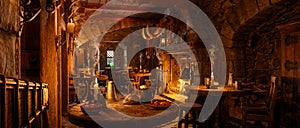 3D illustration wide panorama of a fantasy medieval tavern with food and drink on tables around an open fireplace