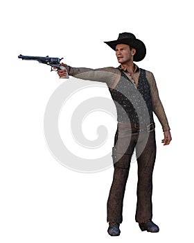3D illustration of a wild west cowboy man shooting a hand gun isolated on white