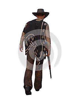 3D illustration of a wild west cowboy man walking away with a rifle in his right hand isolated on white