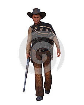 3D illustration of a wild west cowboy man walking with a rifle in his hand isolated on white