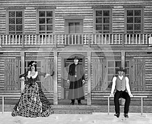 3D Illustration of Wild West Saloon with Cowboys and Madam in Black and White