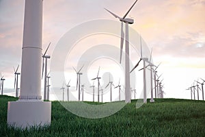 3d illustration, wind turbine with sunset sky. Energy and electricity. Alternative energy, eco or green generators