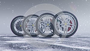 3d illustration Winter tires on a with falling snow background of snow storm, snowfall and slippery winter road. Winter