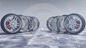3d illustration Winter tires on a with falling snow background of snow storm, snowfall and slippery winter road. Winter