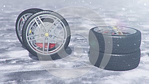 3d illustration Winter tires on a with falling snow background of snow storm, snowfall and slippery winter road. Winter