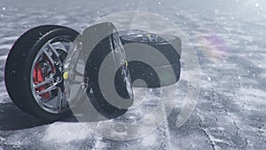 3d illustration Winter tires on a with falling snow background of snow storm, snowfall and slippery winter road. Winter