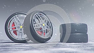 3d illustration Winter tires on a with falling snow background of snow storm, snowfall and slippery winter road. Winter