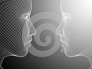 3D illustration wireframe young human female or woman face or head on black and white background