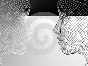 3D illustration wireframe young human female or woman face or head on black and white background