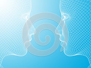 3D illustration wireframe young human female or woman face or head on blue background