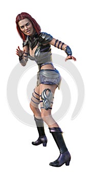 3d illustration of a woman warrior in a combative pose with a smile on her face on a white background